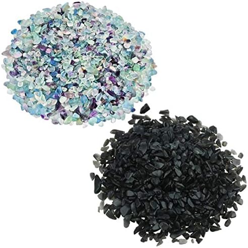 SUNYIK Fluorite Black Obsidian Tumbled Chips 1 Pound
