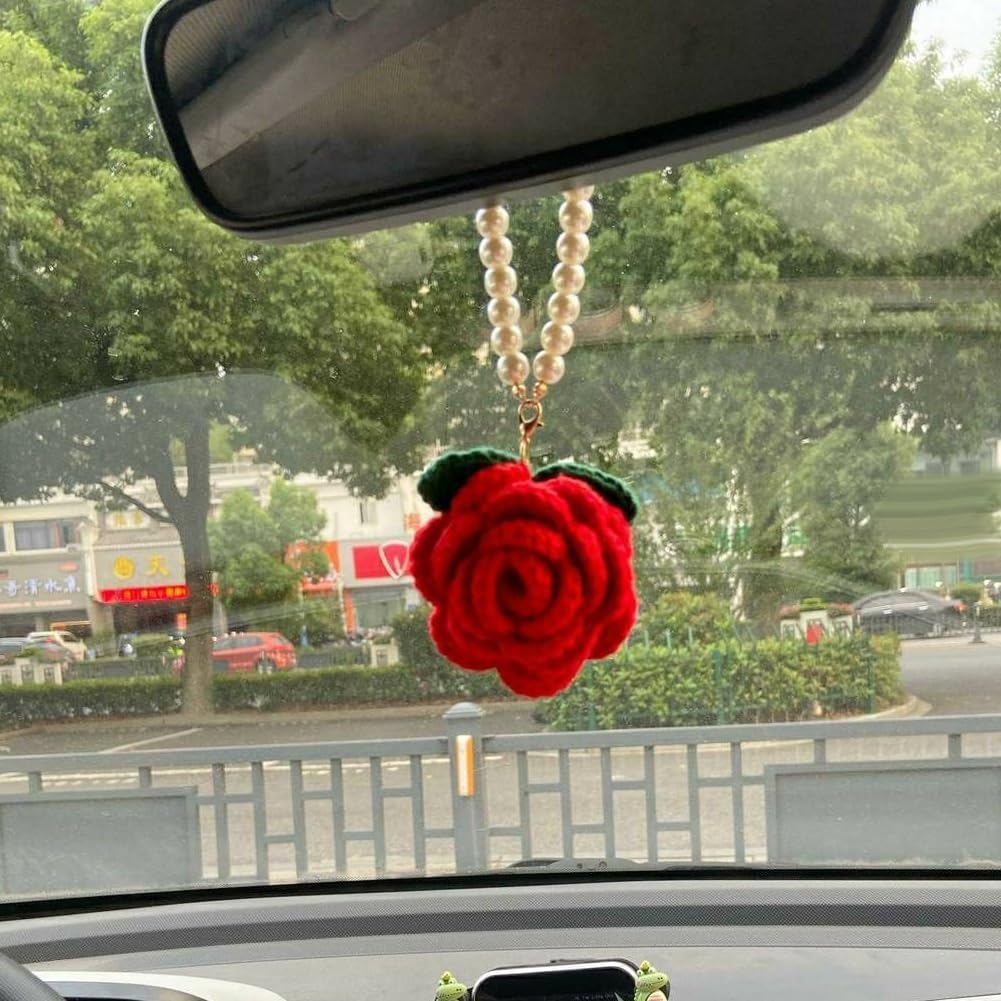 WAYUTO 2Pcs Pink Red Rose Crochet Car Hanging Decor
