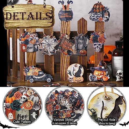 36 Pcs Halloween Wooden Ornaments with Ropes