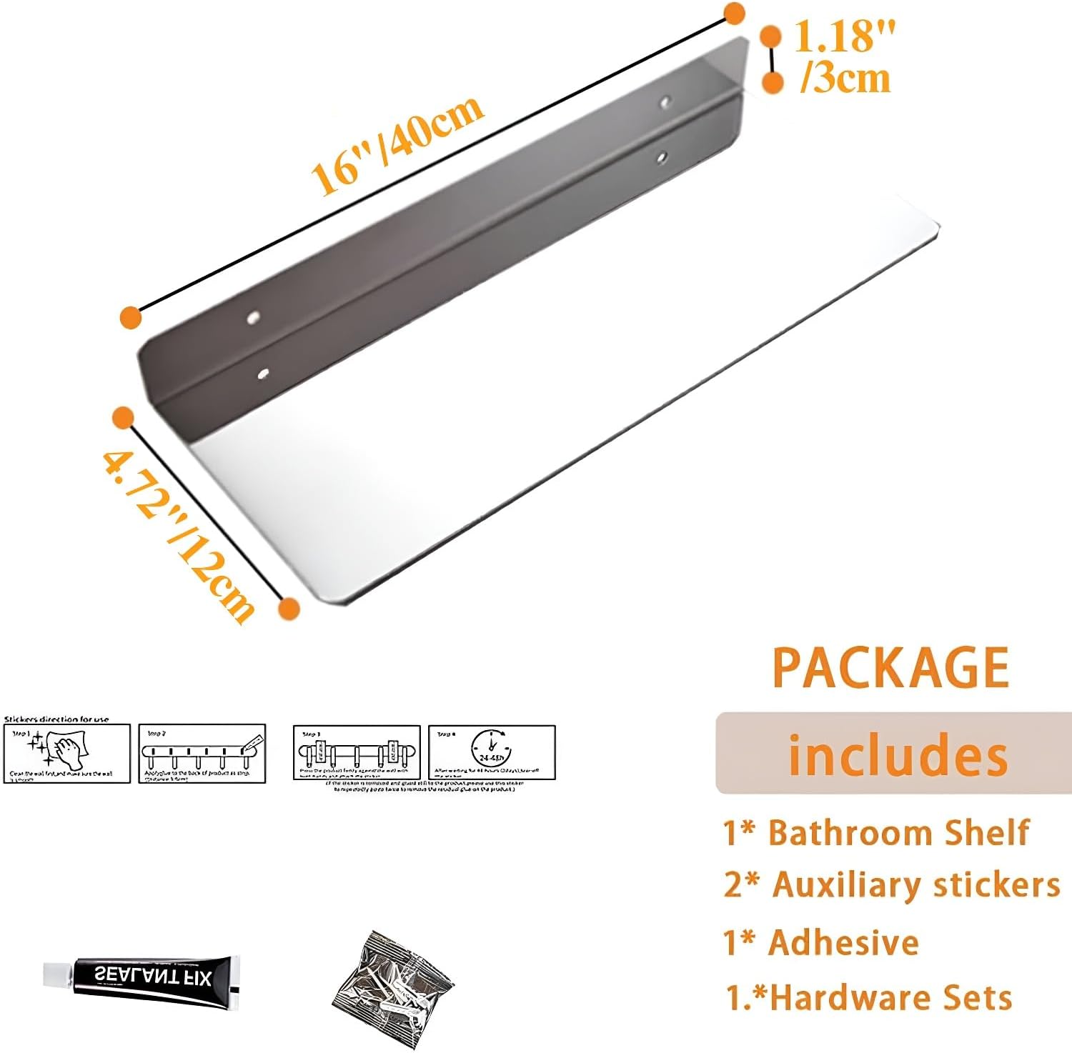 16 Inch Stainless Steel Wall Mounted Floating Shelf Decor