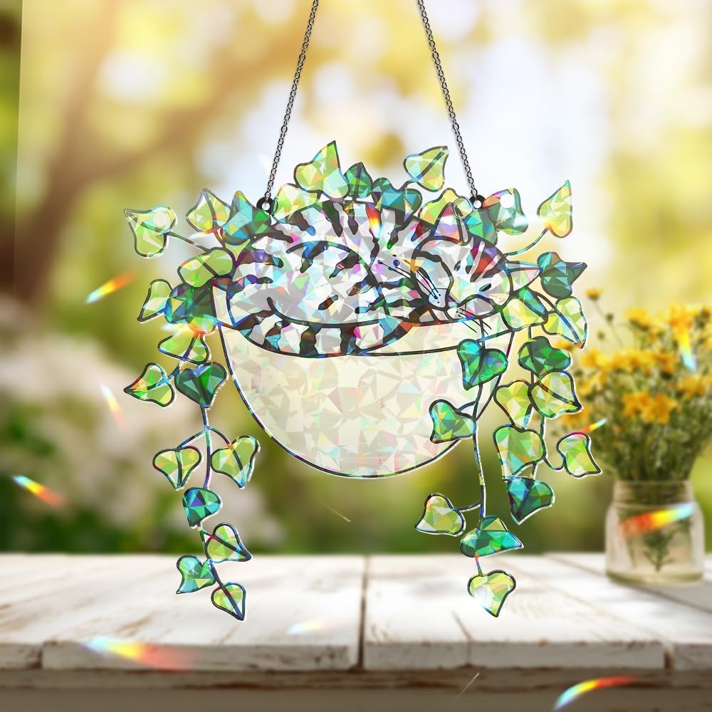 Whimsical Stained Glass Cat Hanging Ornament
