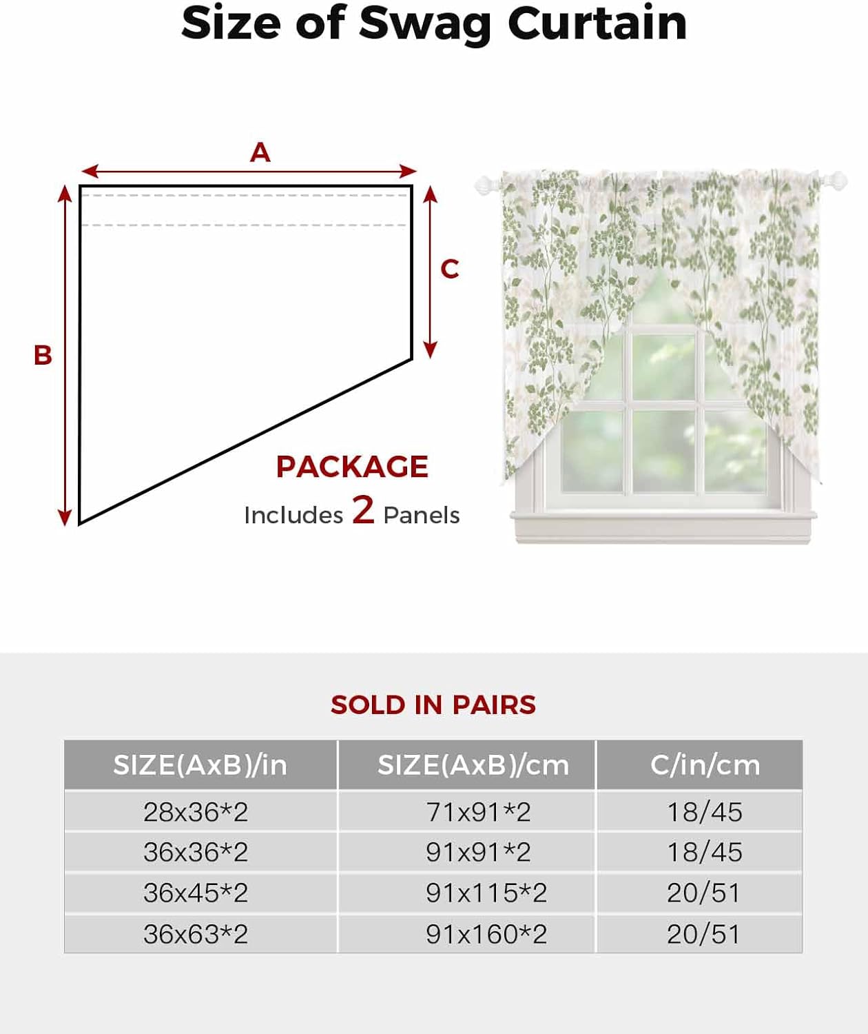 Sage Green Floral Swag Curtains 2 Panels Set