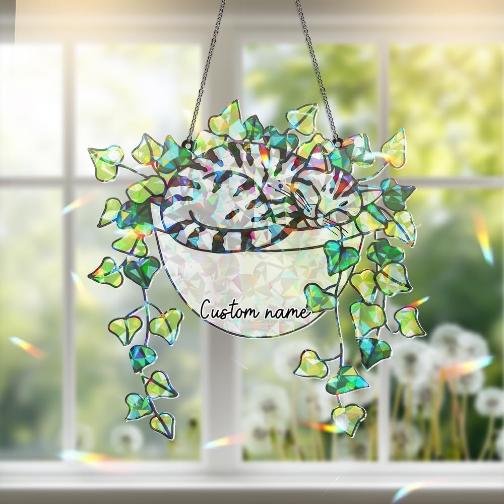 Whimsical Stained Glass Cat Hanging Ornament