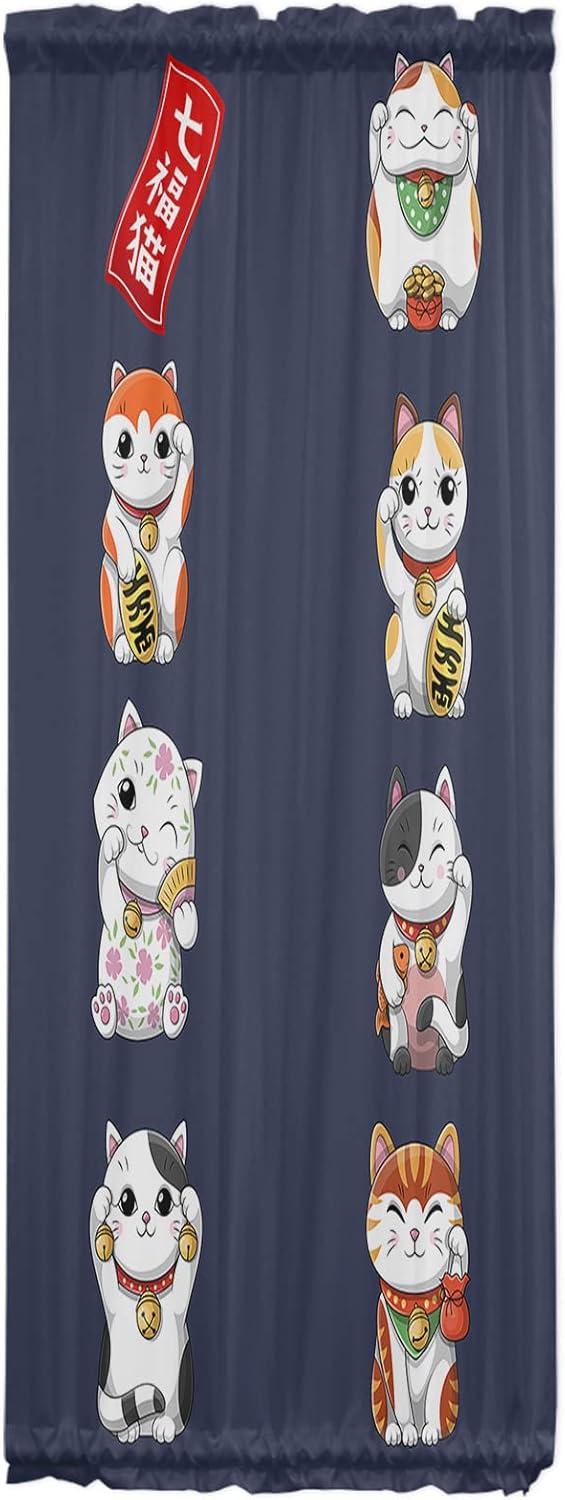 Japanese Noren Door Curtains With Double Rod Pocket Lucky Cats Blue