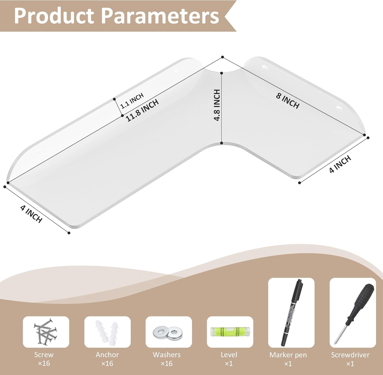 8x118 Inch White Acrylic Corner Shelf Set of 4