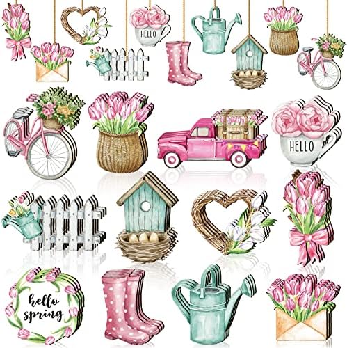 Maitys 36 Pcs Pastel Wooden Flower Hanging Decorations
