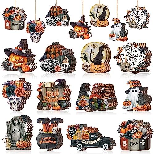 36 Pcs Halloween Wooden Ornaments with Ropes