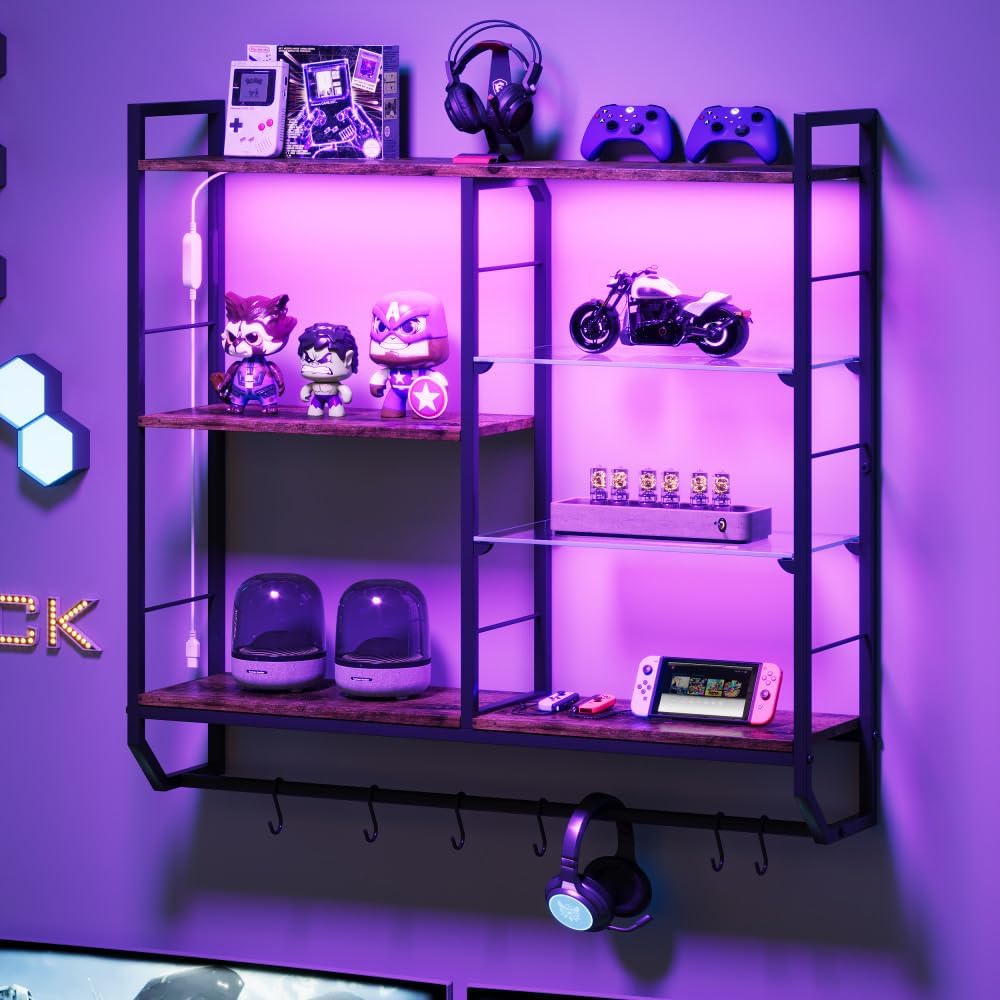 EYOCAL Gaming Floating Shelves with LED Lights and Glass Rack