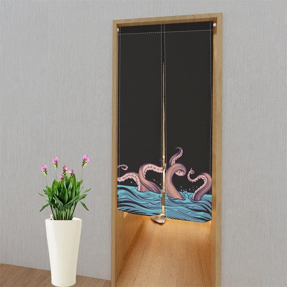 Leowefowa Noren Door Curtain Blue Ocean Octopus Design