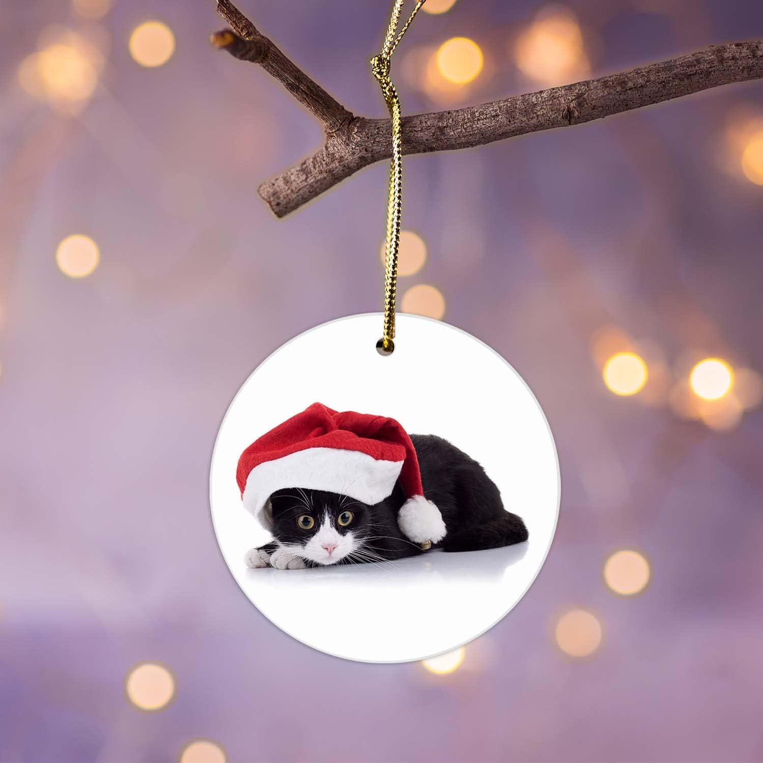 MEVRA Black Cat Christmas Ornament with Golden Lanyard
