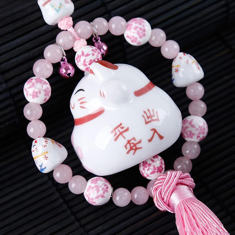 1Pcs Playful Lucky Cat Car Charm Adorable Beaded Ornament with Tassel