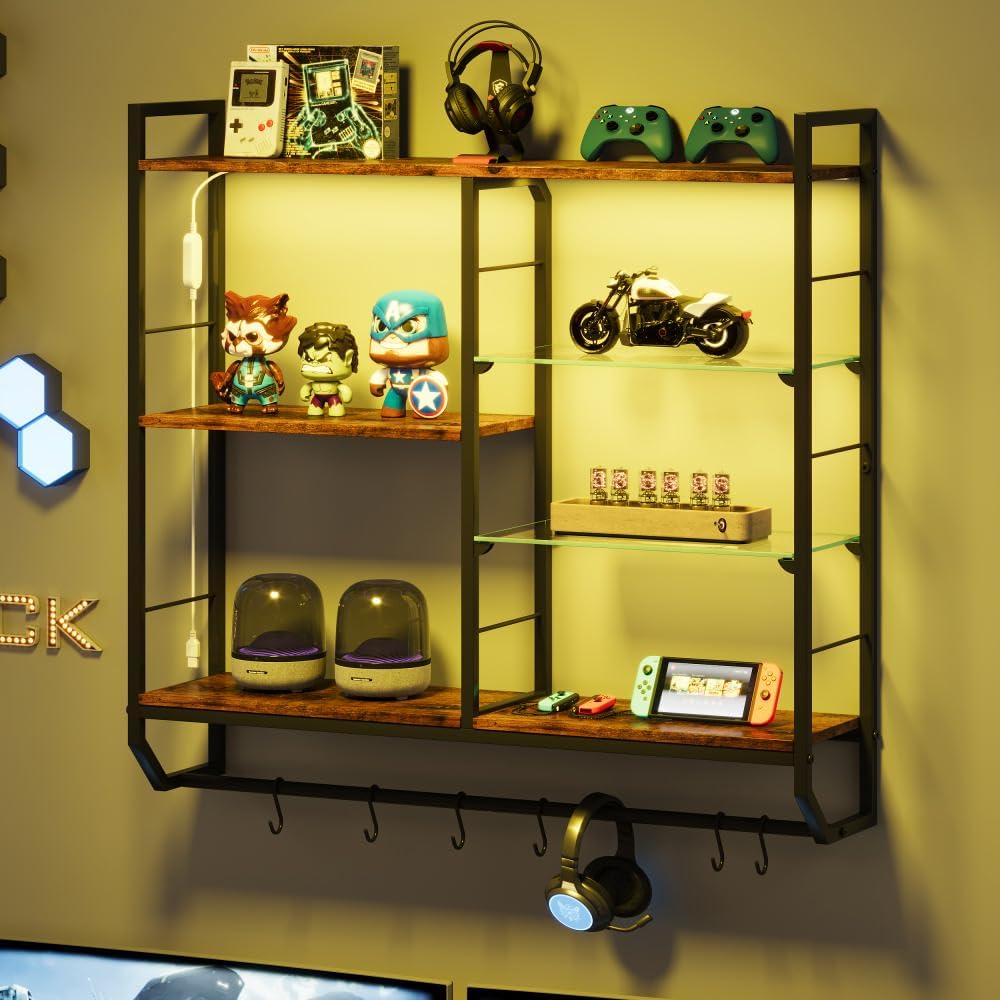 EYOCAL Gaming Floating Shelves with LED Lights and Glass Rack