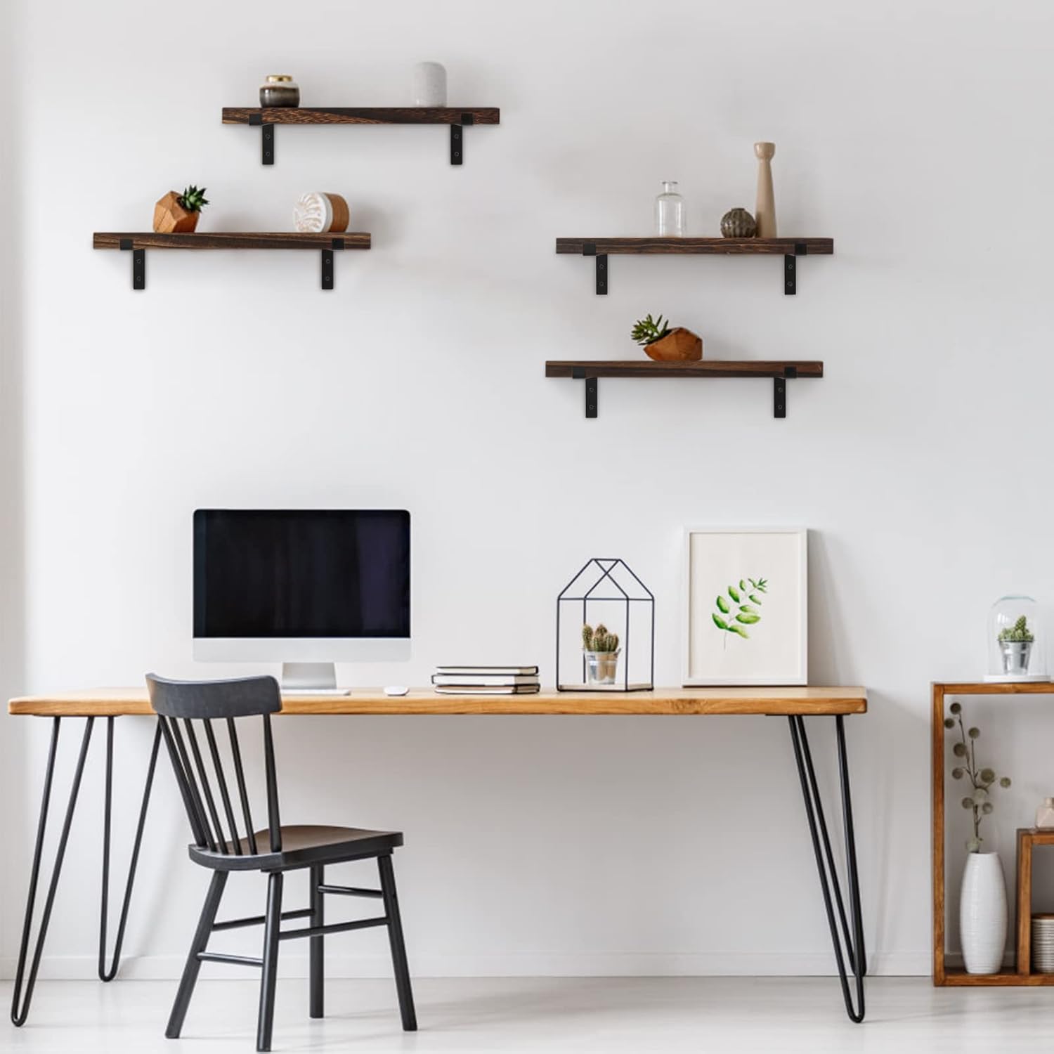 Rustic Wood Floating Shelves Dark Brown Set of 4