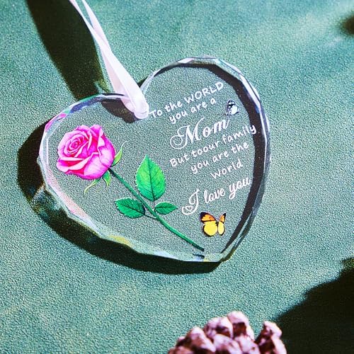 Heart Shaped Glass Christmas Ornament for Mom Pink Rose Design