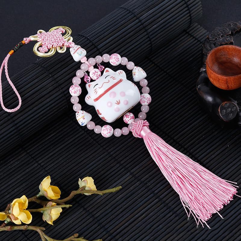 1Pcs Playful Lucky Cat Car Charm Adorable Beaded Ornament with Tassel