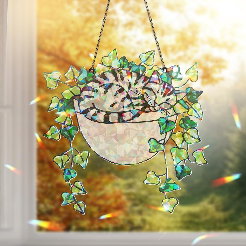Whimsical Stained Glass Cat Hanging Ornament