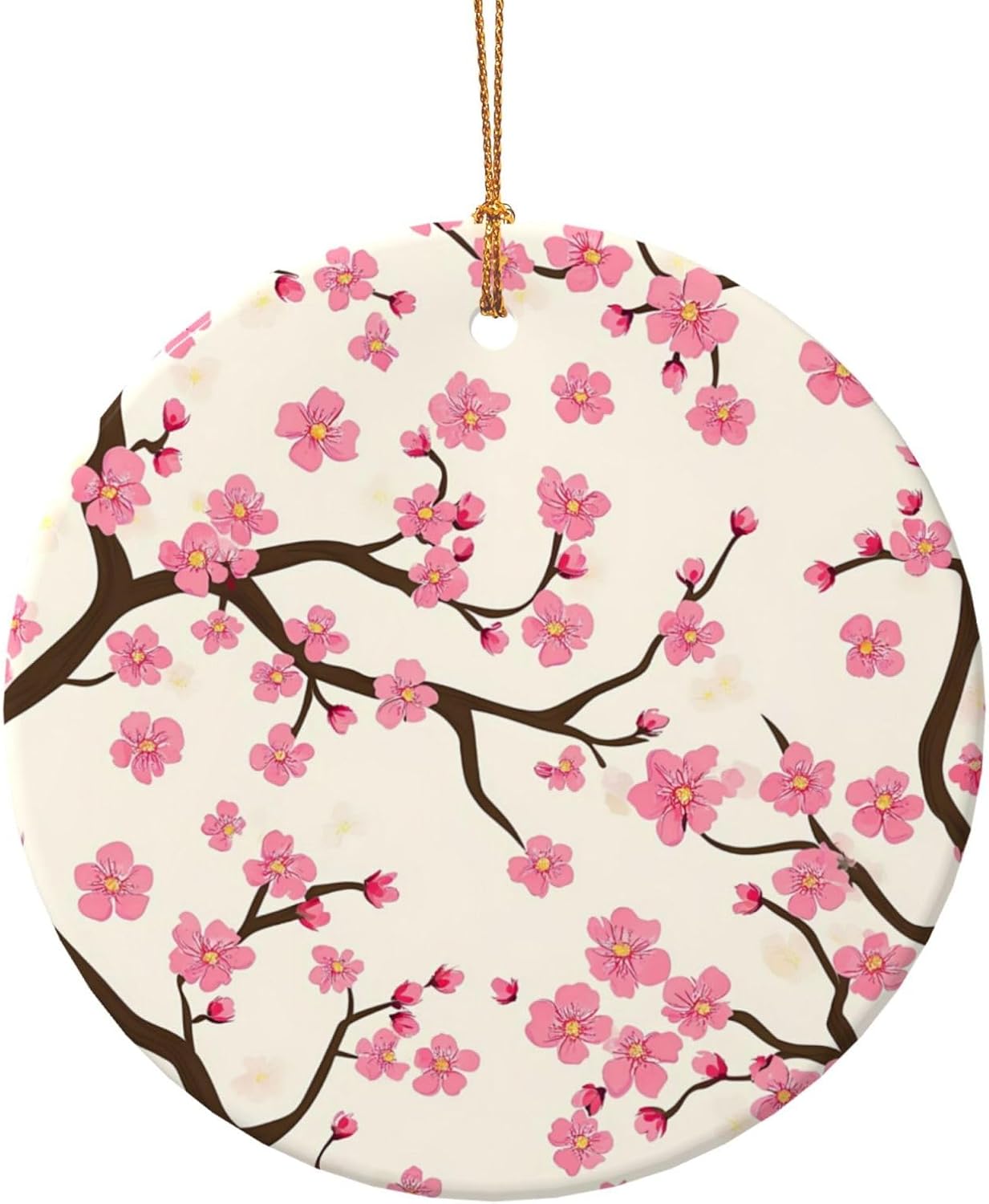 Pink Cherry Blossom Round Ceramic Christmas Ornaments