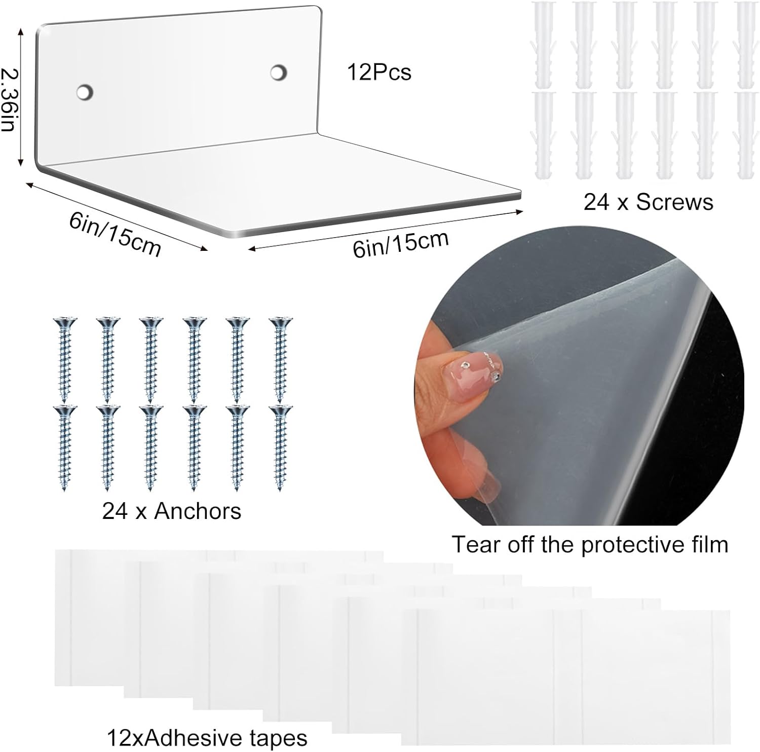 Wenqik Clear Acrylic Floating Shelves 6x6 Inch 12 Pack
