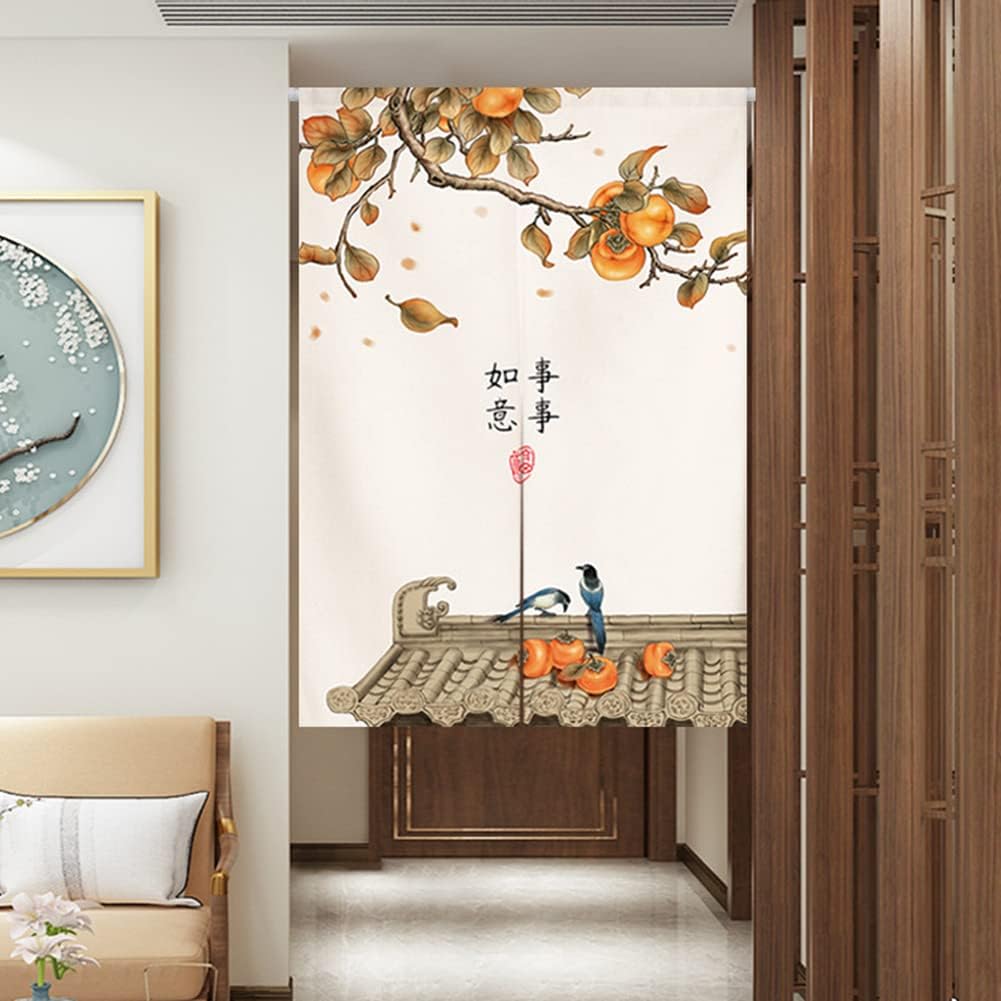 Japanese Noren Door Curtain Tapestry with Persimmon Ink Design