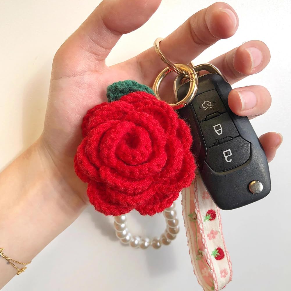 WAYUTO 2Pcs Pink Red Rose Crochet Car Hanging Decor