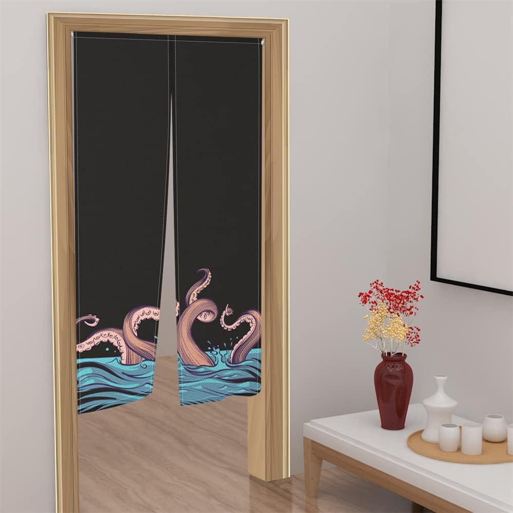 Leowefowa Noren Door Curtain Blue Ocean Octopus Design
