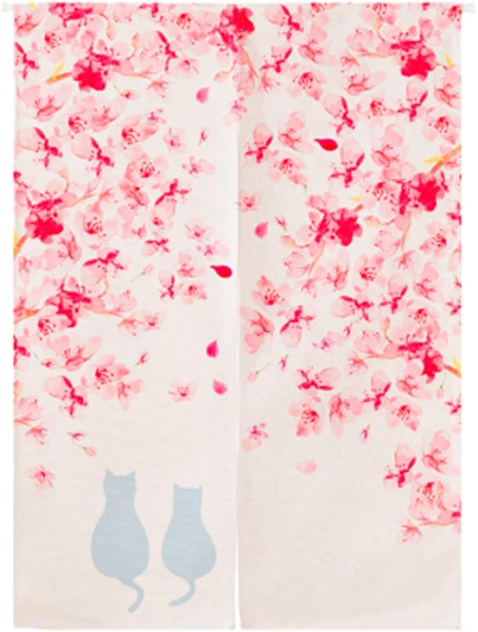 Cotton Linen Japanese Noren Curtain with Sakura and Cats Design