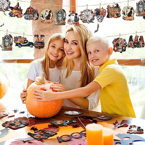 36 Pcs Halloween Wooden Ornaments with Ropes