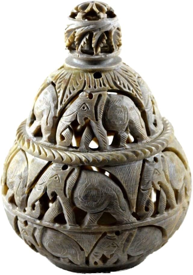 Varmohey Royal Handicrafts Soapstone Tea Light Holder and Potpourri Box with Elephant Carving
