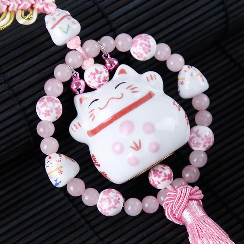 1Pcs Playful Lucky Cat Car Charm Adorable Beaded Ornament with Tassel