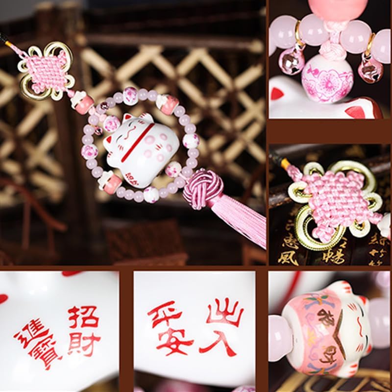 1Pcs Playful Lucky Cat Car Charm Adorable Beaded Ornament with Tassel