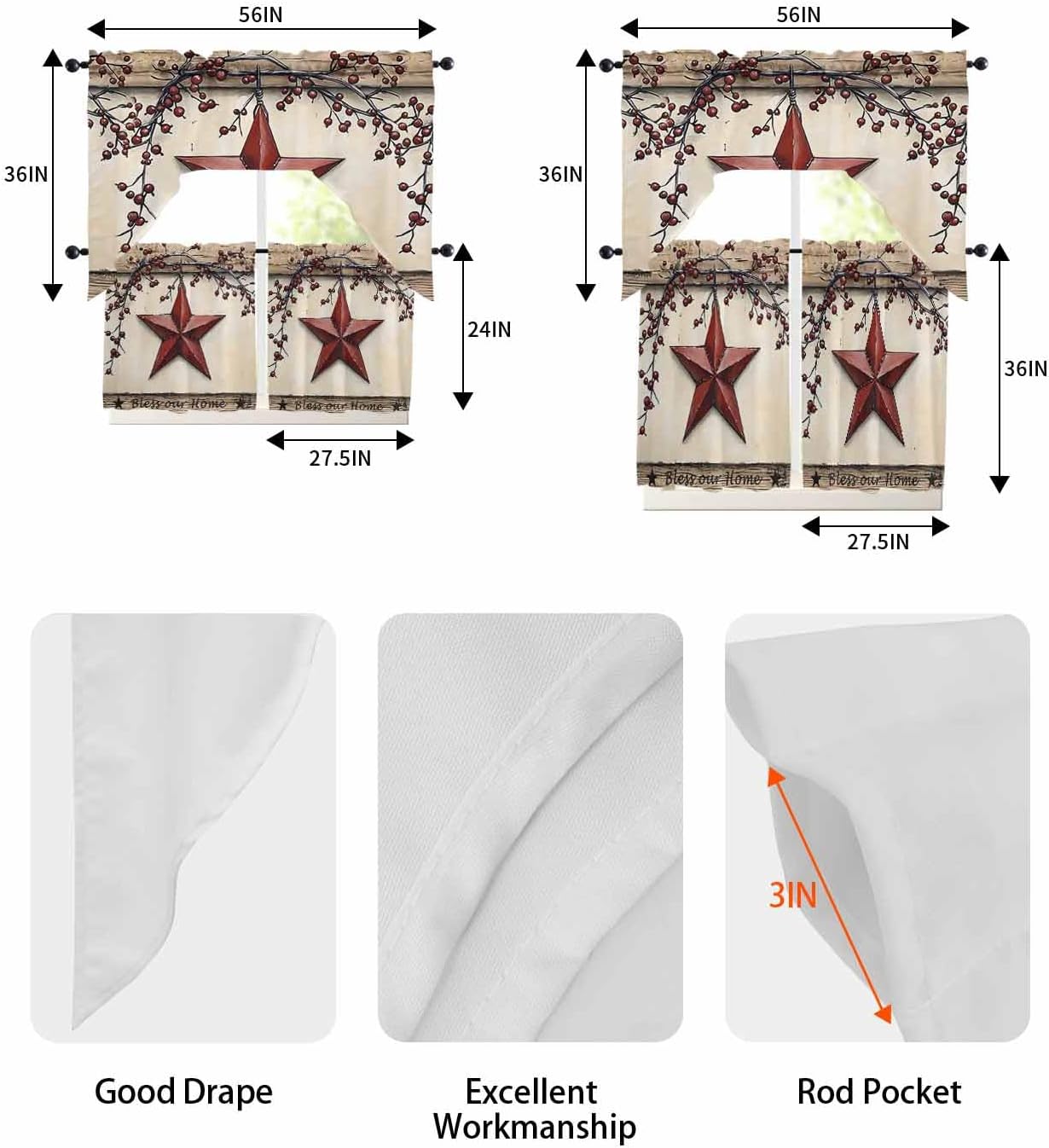 Red Texas Star Rustic Kitchen Curtain Set 3 Piece