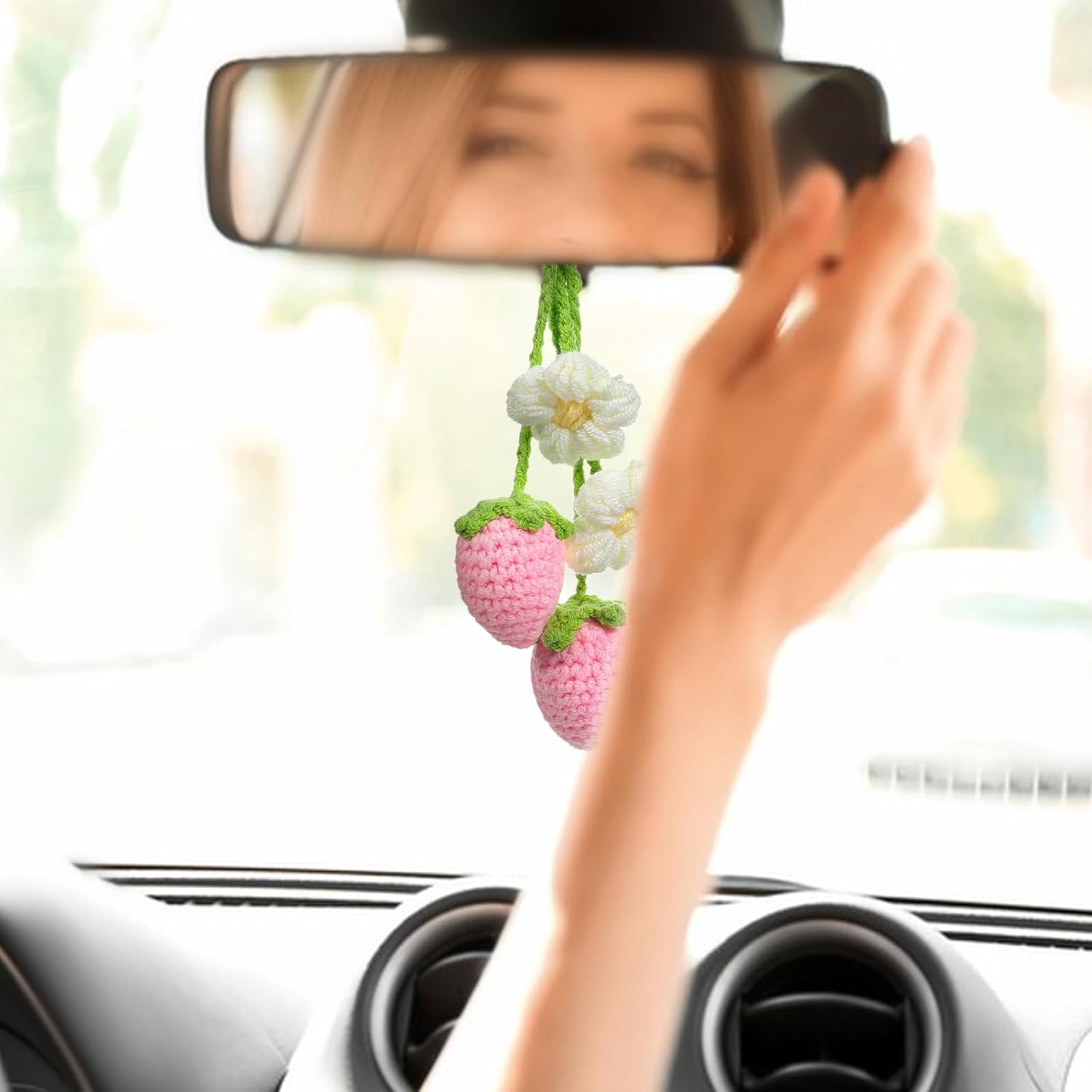 Cute Crochet Strawberry Flower Car Hanging Ornaments 2 Pcs