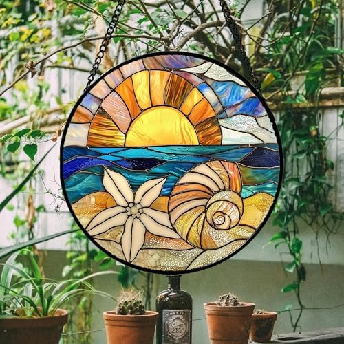 Stained Glass Window Hanging - Gold Sun Blue Sea Suncatcher 15 in