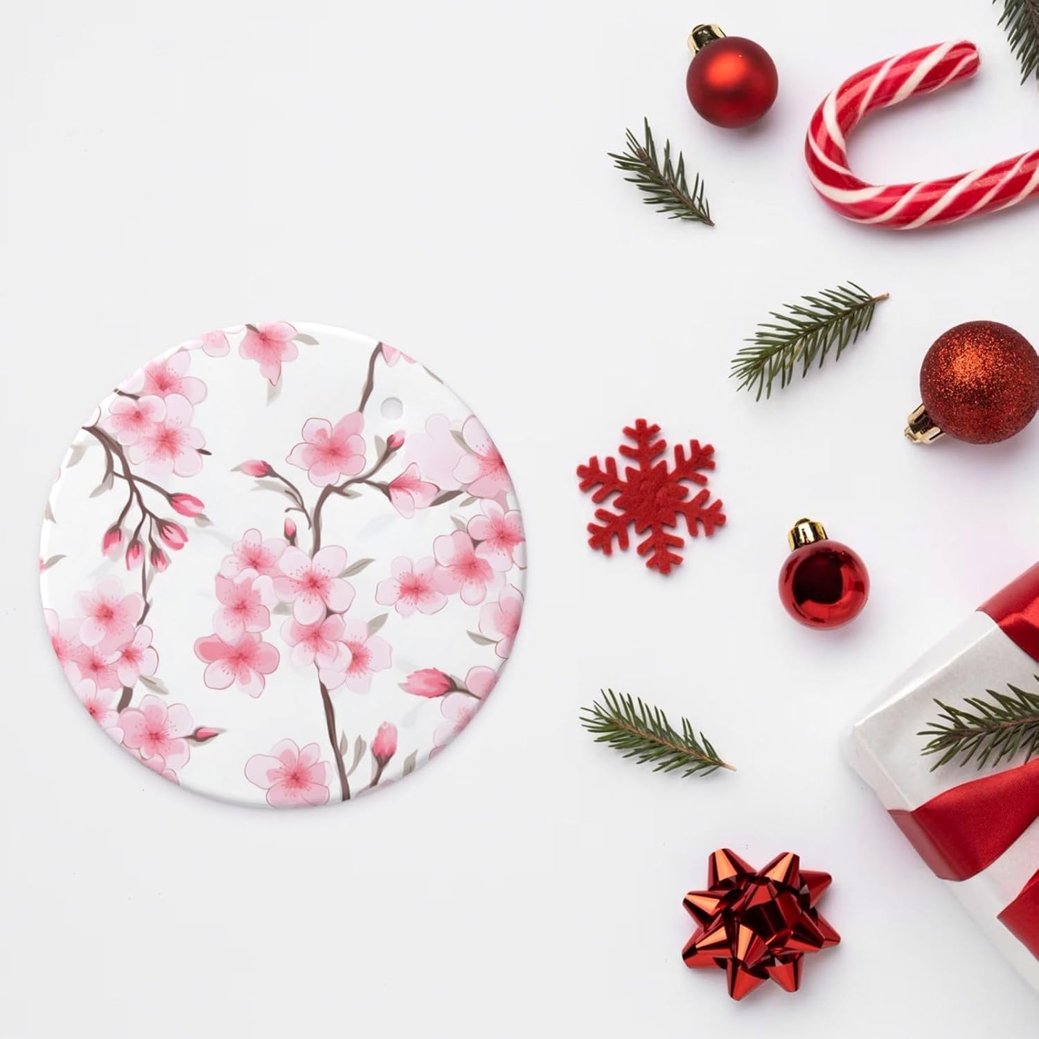Pink Cherry Blossom Round Ceramic Christmas Ornaments 1