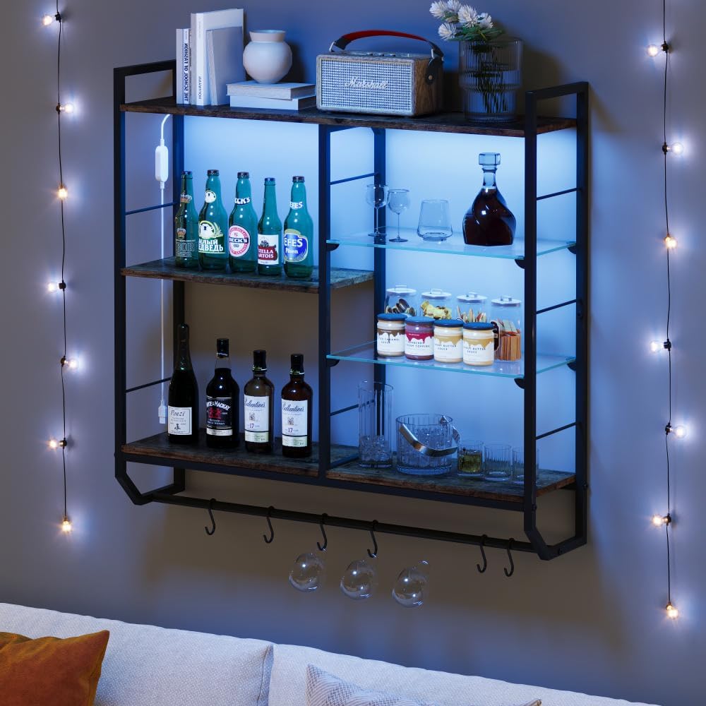 EYOCAL Gaming Floating Shelves with LED Lights and Glass Rack