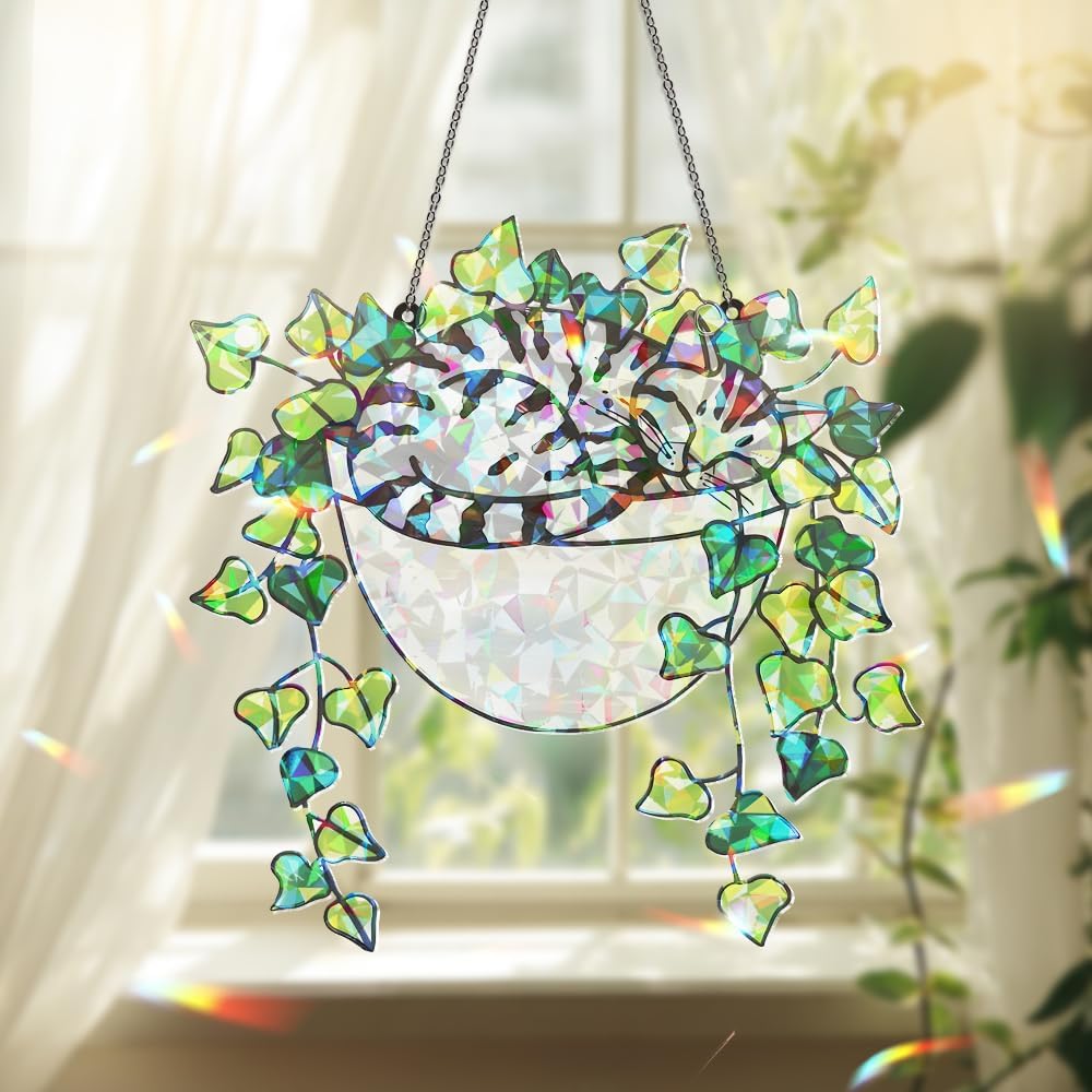 Whimsical Stained Glass Cat Hanging Ornament
