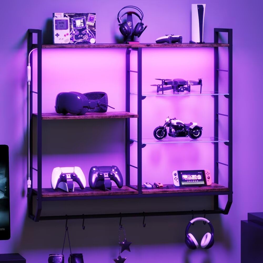 EYOCAL Gaming Floating Shelves with LED Lights and Glass Rack
