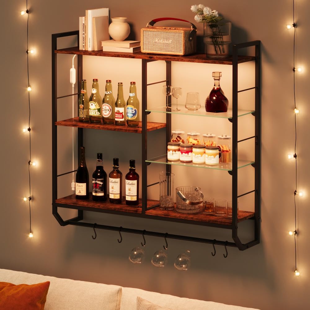EYOCAL Gaming Floating Shelves with LED Lights and Glass Rack
