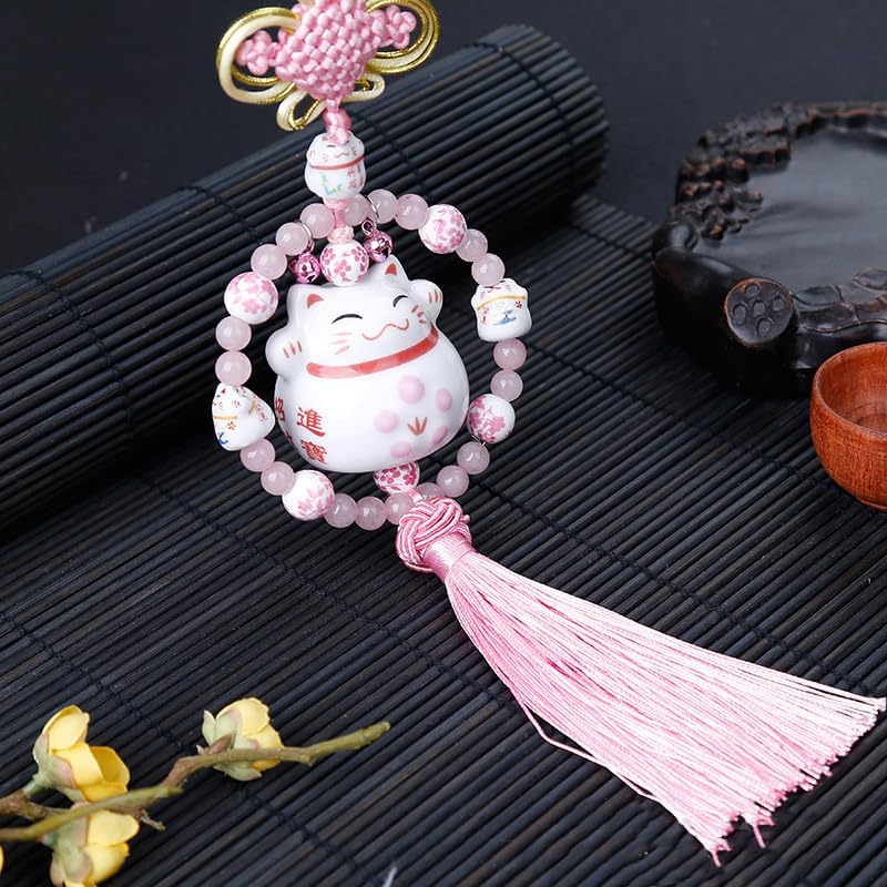 1Pcs Playful Lucky Cat Car Charm Adorable Beaded Ornament with Tassel