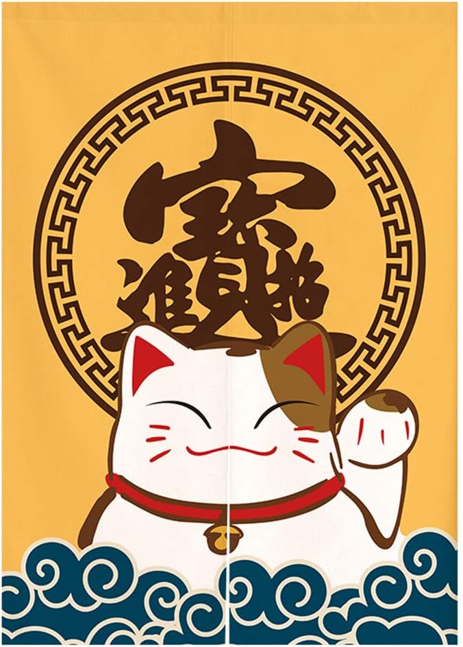 Japanese Noren Door Curtain with Maneki Neko Lucky Cat Design