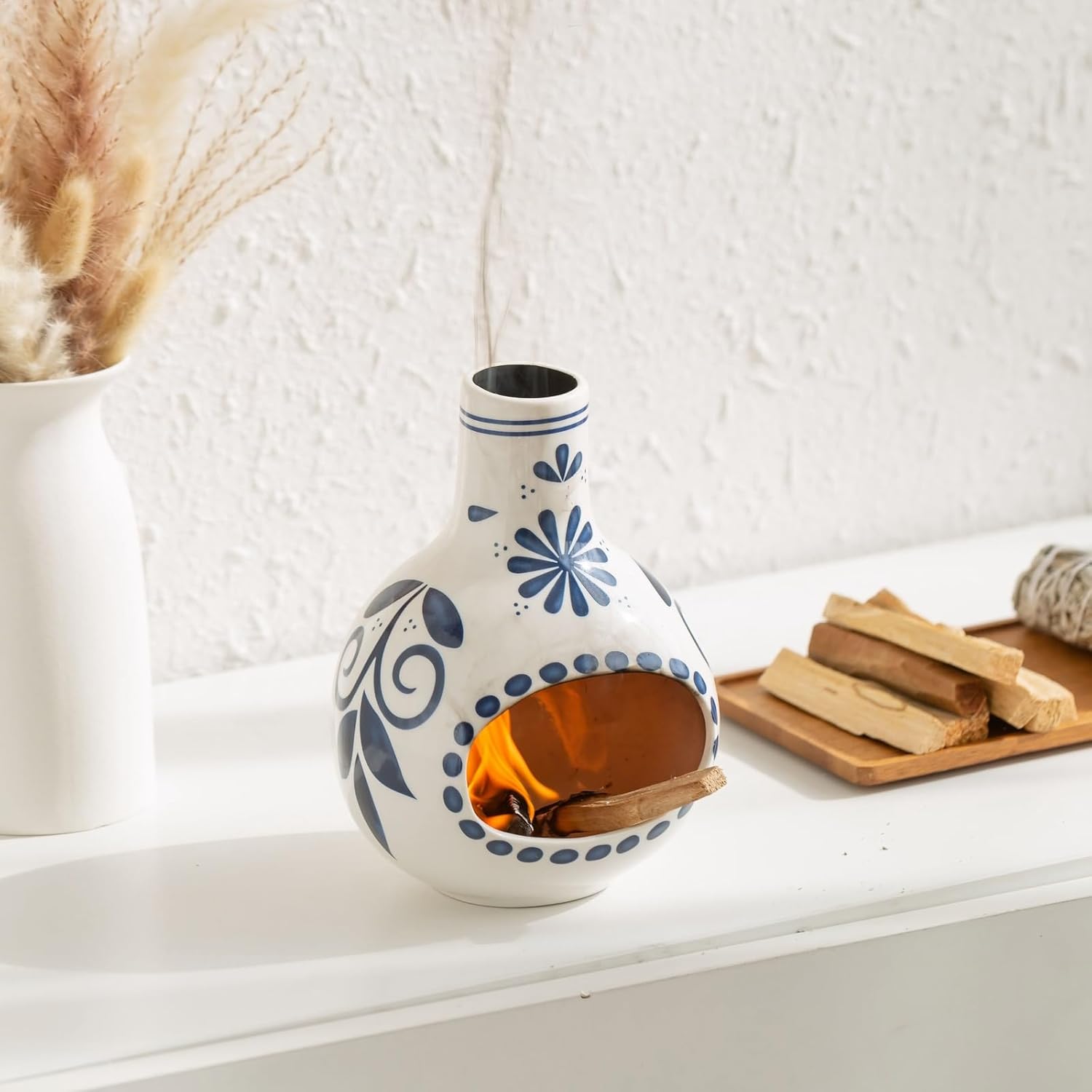 Handmade Ceramic Palo Santo Holder Burner - Mini Tabletop Chiminea with Ash Catcher