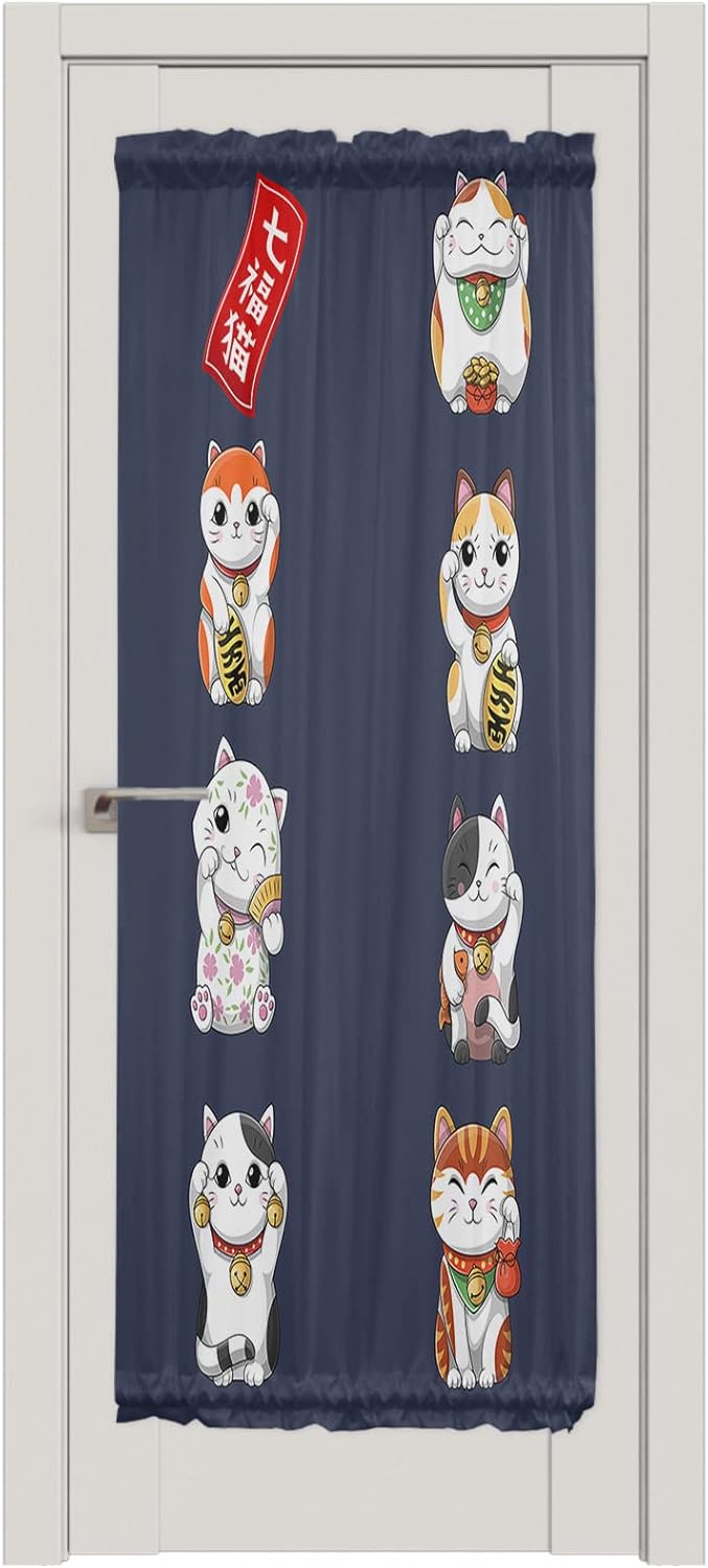 Japanese Noren Door Curtains With Double Rod Pocket Lucky Cats Blue