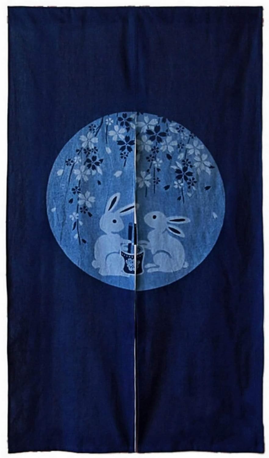 Handmade Shibori Noren Curtain in Cherry Blossom Bunnies