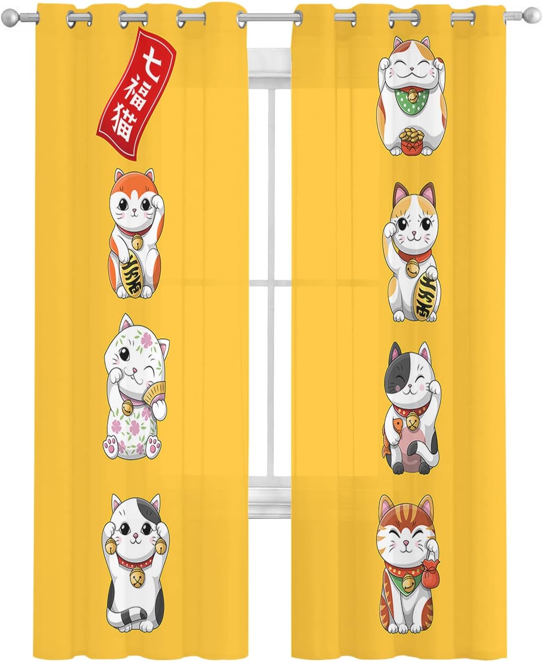 Falaniique Lucky Cats Sheer Curtains 2 Panels Set