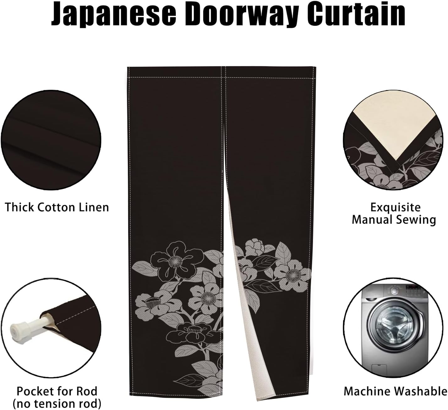 Black Noren Door Curtain with Blooming Flowers Pattern