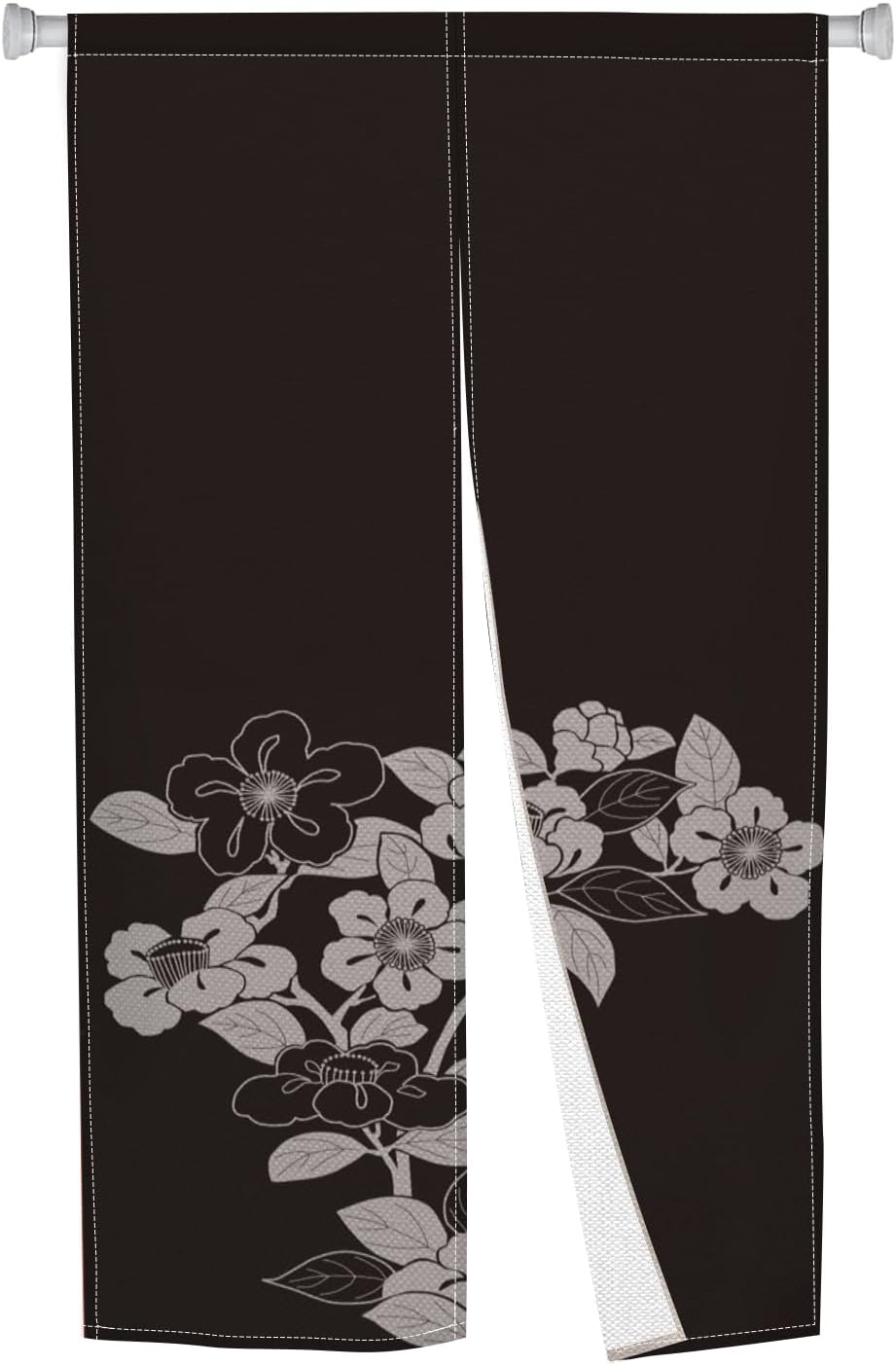 Black Noren Door Curtain with Blooming Flowers Pattern