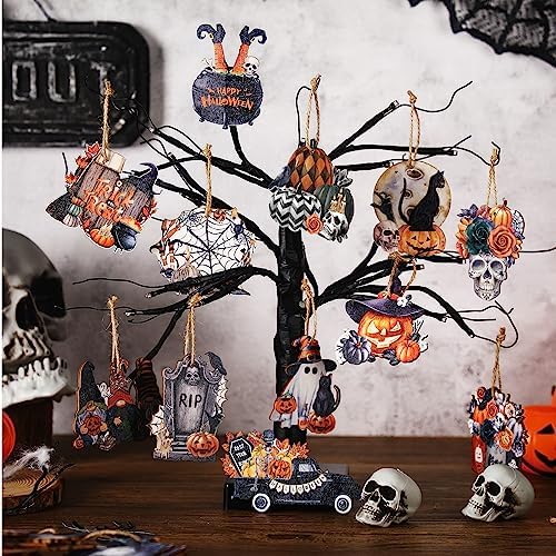 36 Pcs Halloween Wooden Ornaments with Ropes