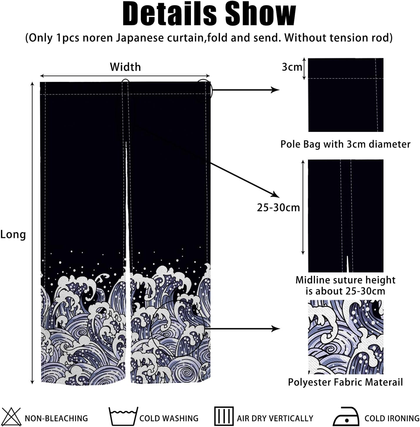 Noren Doorway Curtain with Navy Blue Waves Pattern