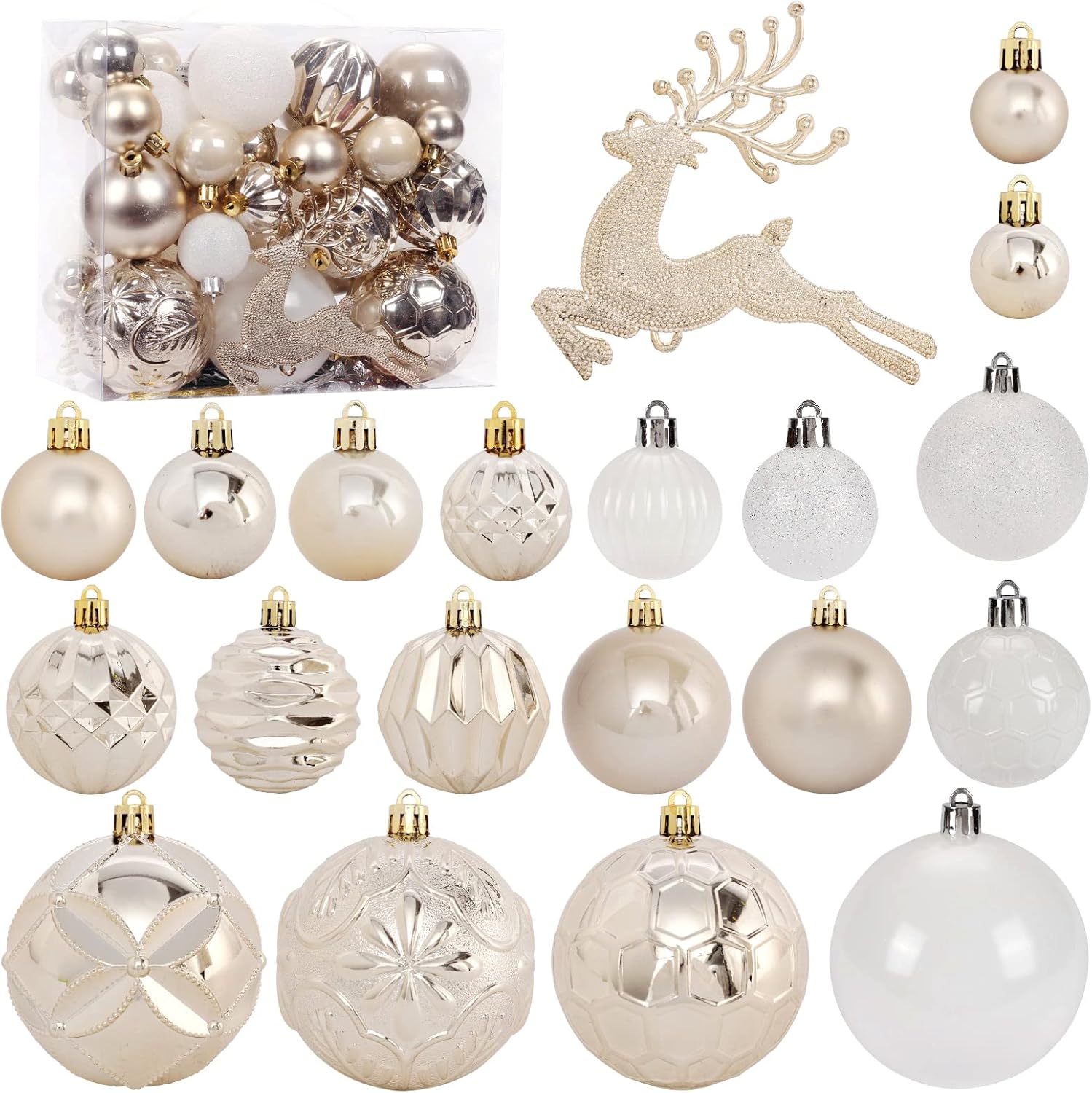 Christmas Tree Ornaments Set 50ct Shatterproof Champagne and White Balls