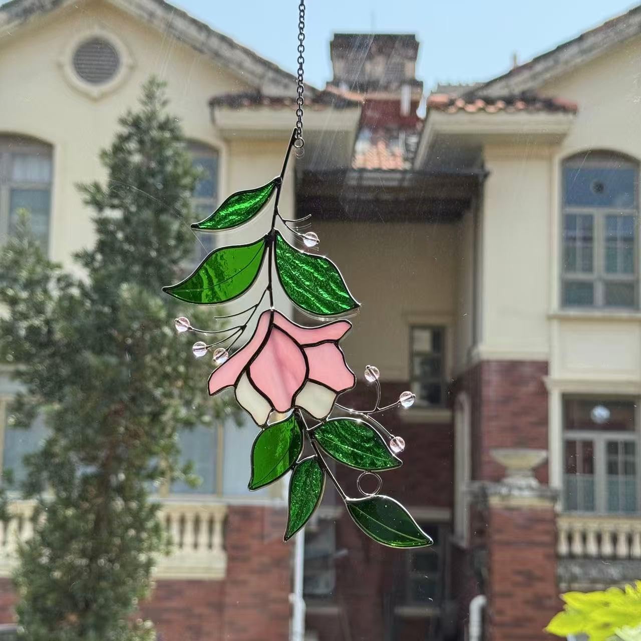 Handmade Rose Stained Glass Suncatcher Decor